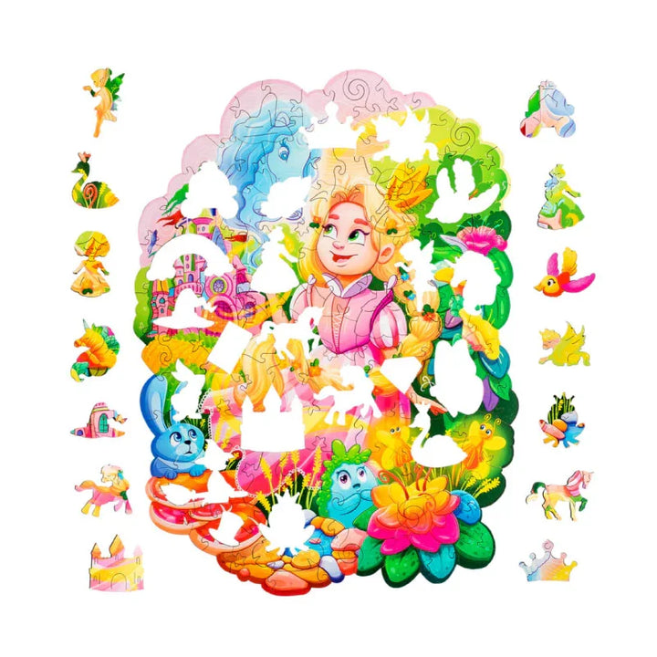 Buntes Kinderpuzzle mit Prinzessin, Einhorn, Schloss und Tieren auf weißem Hintergrund