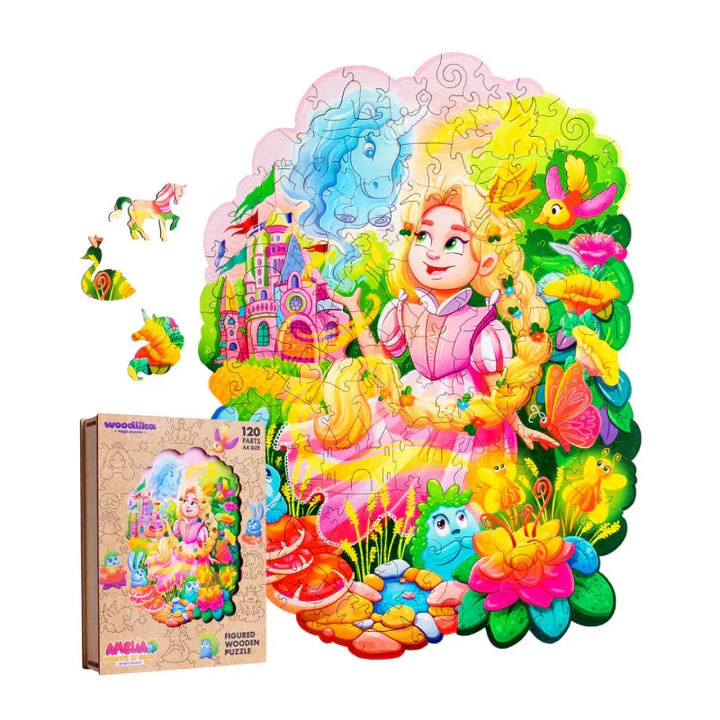Buntes Holzpuzzle Zauberprinzessin Amelia mit Schloss, Tieren und Märchenmotiv, 120 Teile